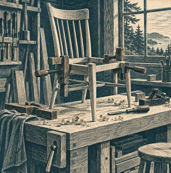 Illustration of woodworking businesses equipment and workspace